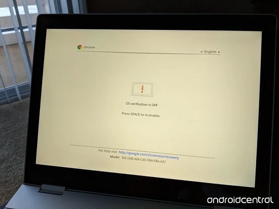 Image of Pixelbook stating "OS verification is off"